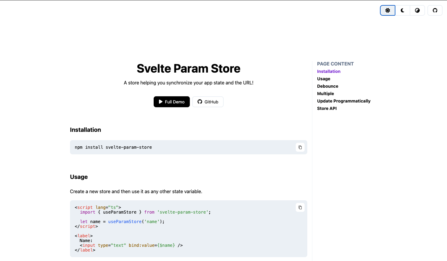 Svelte-param-store documentation landing page